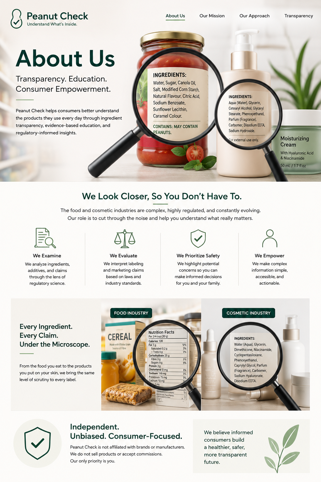 Magnifying glasses examining ingredient labels on food and cosmetic products